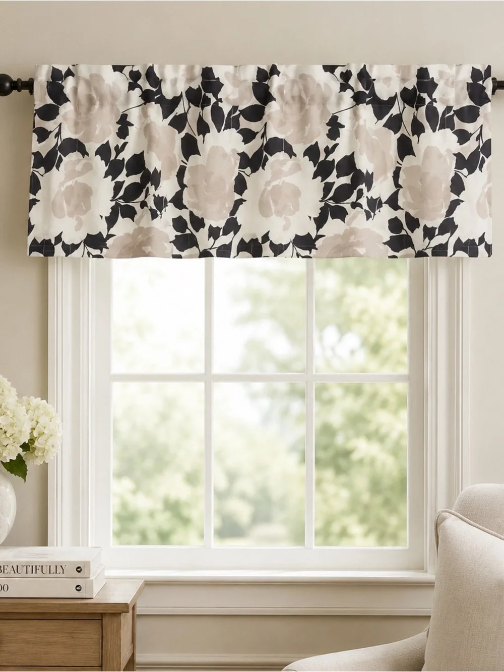 Floral Black and Cream Window Valance - Home Accents